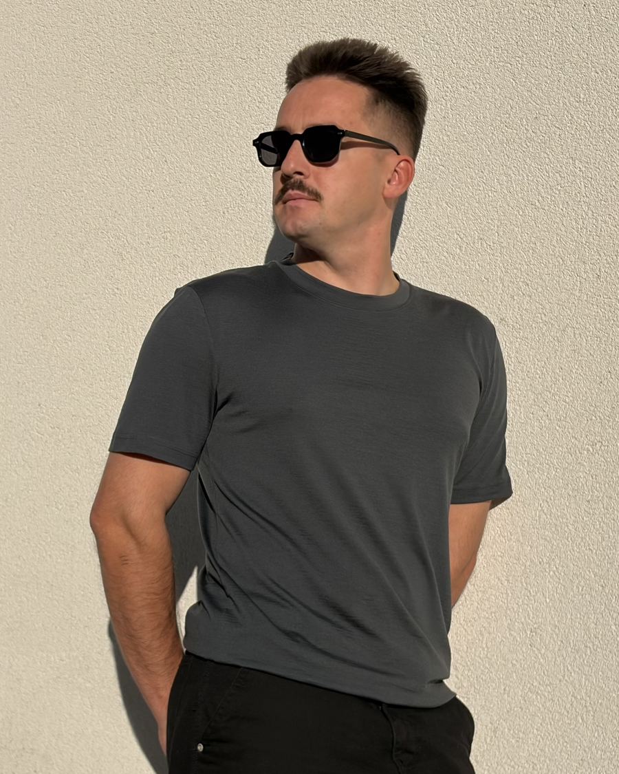 Merino Life Tee worn in the sun, clean and logo-free